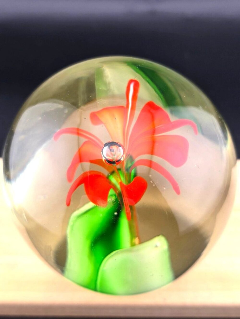 Handcrafted Clear Glass Paperweight With Orange Flower Design & Green Leaves - Picture 6 of 15